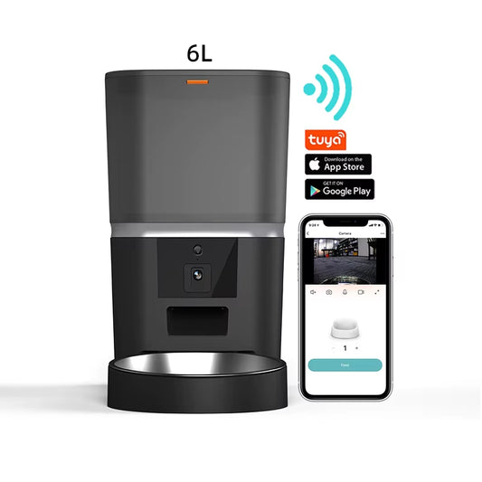 OEM 6L Automatic Double Bowl Pet Food Dispenser Eco-Friendly Cat Dog Feeder with Camera Timer Wifi App Control Solid Pattern