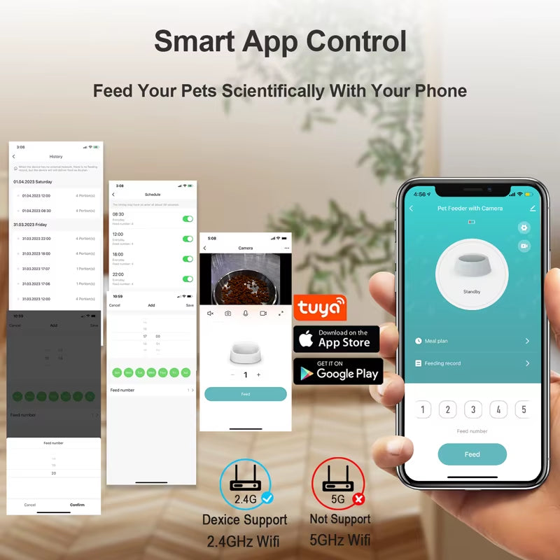 OEM 6L Automatic Double Bowl Pet Food Dispenser Eco-Friendly Cat Dog Feeder with Camera Timer Wifi App Control Solid Pattern