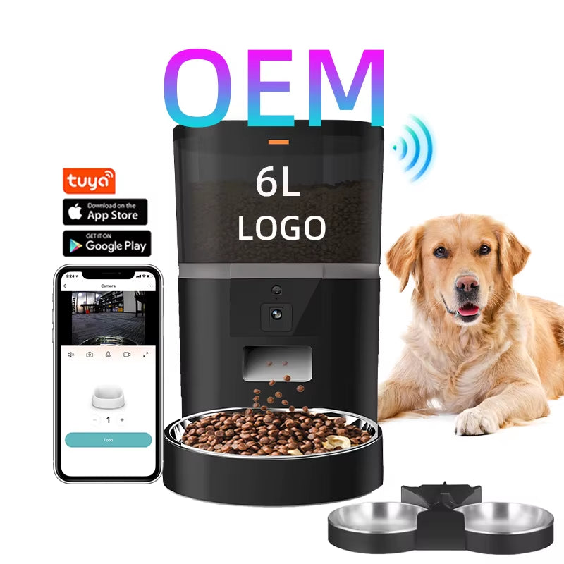 OEM 6L Automatic Double Bowl Pet Food Dispenser Eco-Friendly Cat Dog Feeder with Camera Timer Wifi App Control Solid Pattern