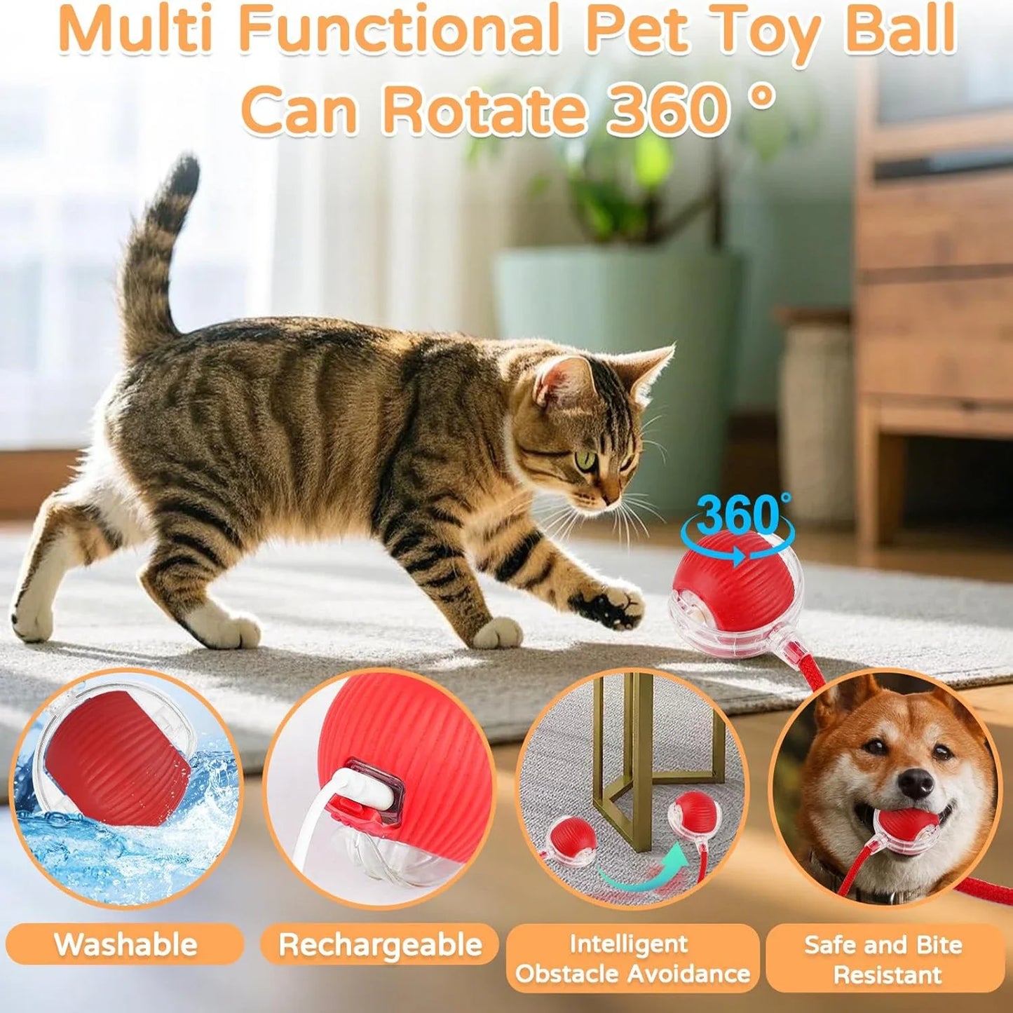Interactive Rechargeable Rolling Ball Toy for Dogs and Cats - Smart Electric Pet Toy with Faux Tail for Training and Fun!