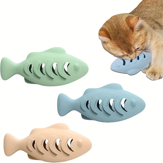 1Pc Fish Shaped Cat Chew Toy-Interactive Freeze-Dried Treat Puzzle Feeder & Dental Teether，Self-Entertaining Silicone Pet Toy