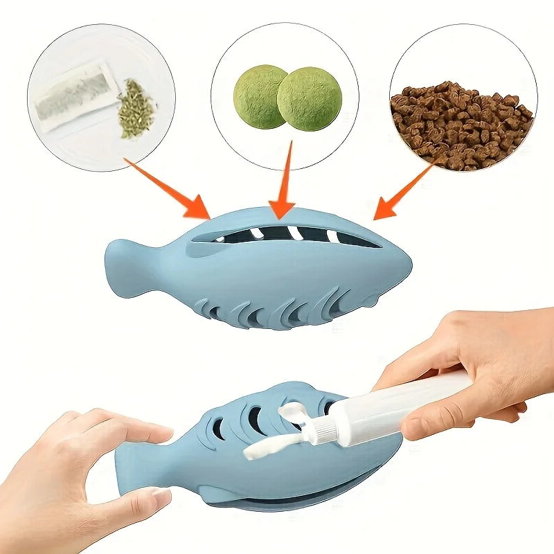 1Pc Fish Shaped Cat Chew Toy-Interactive Freeze-Dried Treat Puzzle Feeder & Dental Teether，Self-Entertaining Silicone Pet Toy