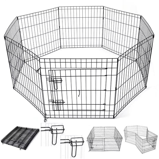 8 Panels Foldable Dog Playpen Crate Metal Fence Pet Puppy Play Pen Exercise Cage